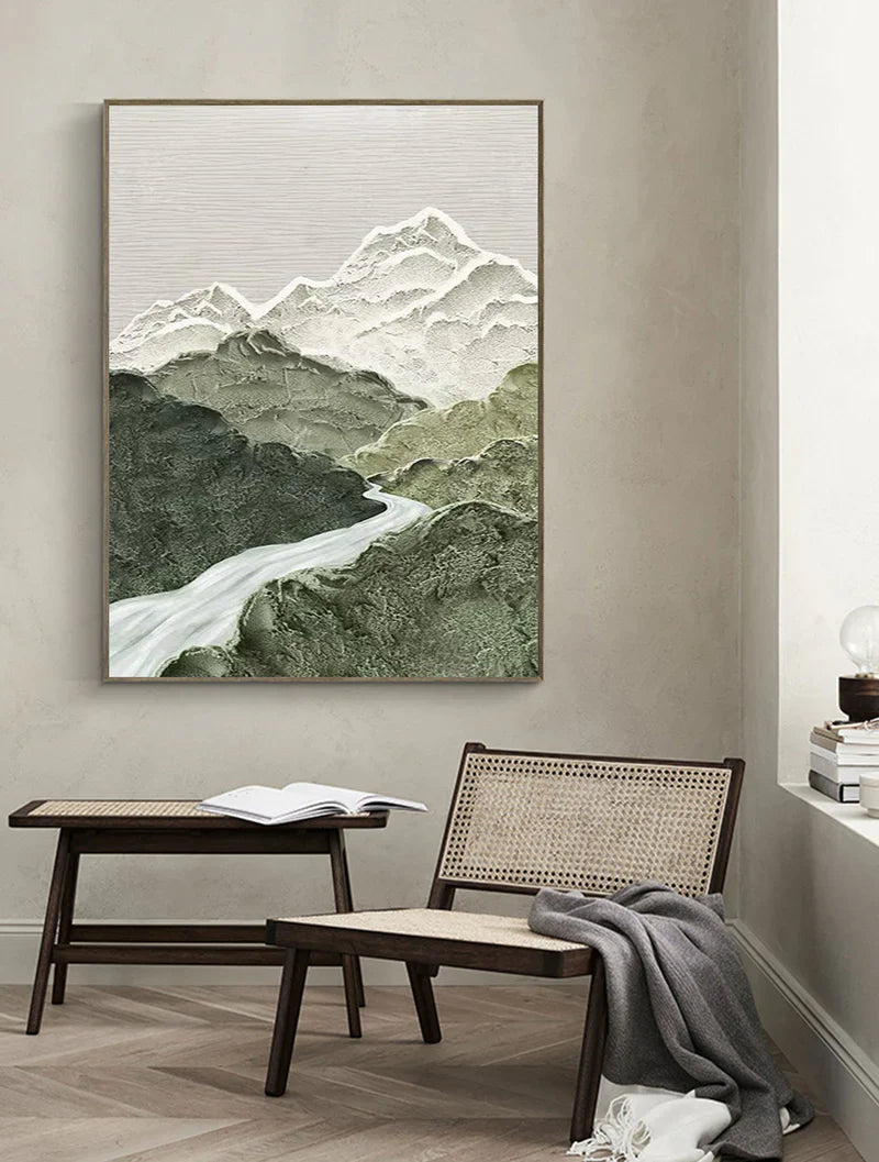 Serene Mountain Landscape Oil Painting with Misty River and Gentle Peaks