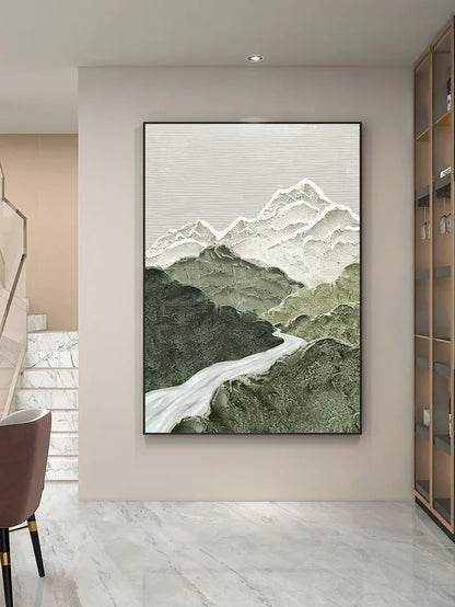 Serene Mountain Landscape Oil Painting with Misty River and Gentle Peaks