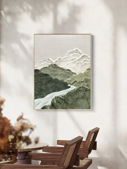 Serene Mountain Landscape Oil Painting with Misty River and Gentle Peaks