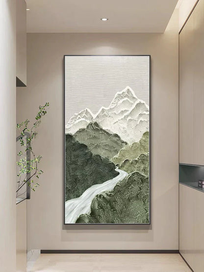 Serene Mountain Landscape Oil Painting with Misty River and Gentle Peaks