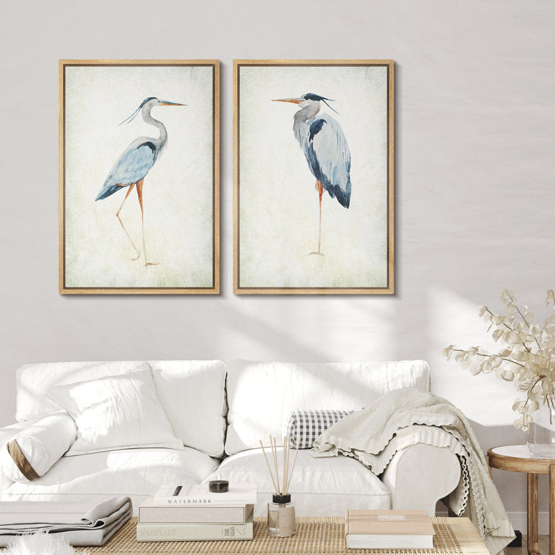 Elegant Blue Heron Bird Art Set for Coastal Beach Home Decor - Framed Wall Prints