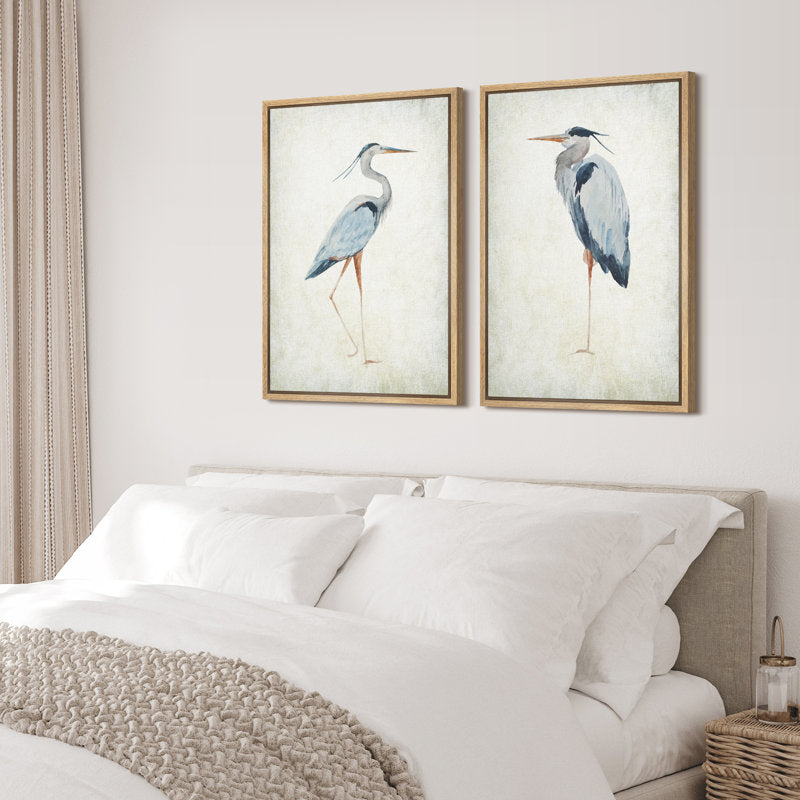 Elegant Blue Heron Bird Art Set for Coastal Beach Home Decor - Framed Wall Prints