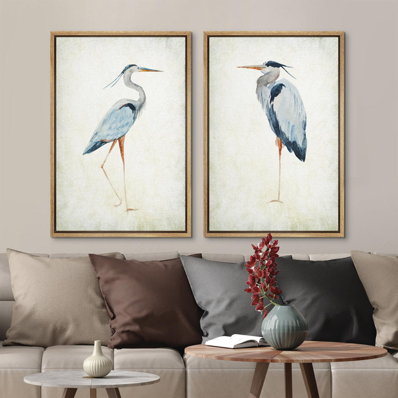 Elegant Blue Heron Bird Art Set for Coastal Beach Home Decor - Framed Wall Prints