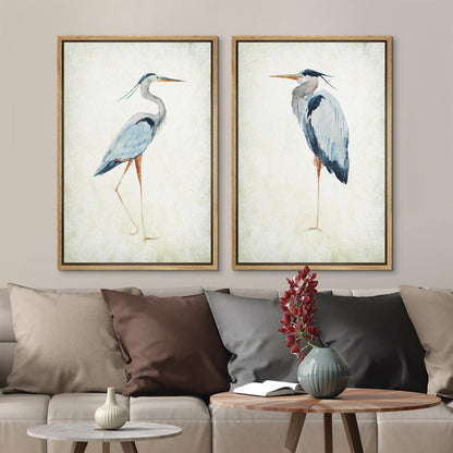 Elegant Blue Heron Bird Art Set for Coastal Beach Home Decor - Framed Wall Prints