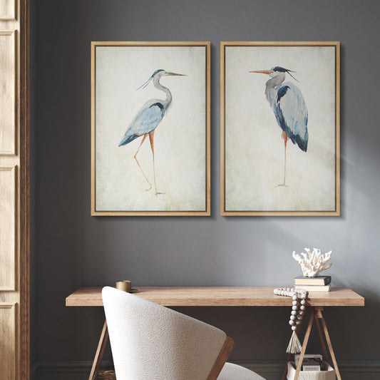 Elegant Blue Heron Bird Art Set for Coastal Beach Home Decor - Framed Wall Prints