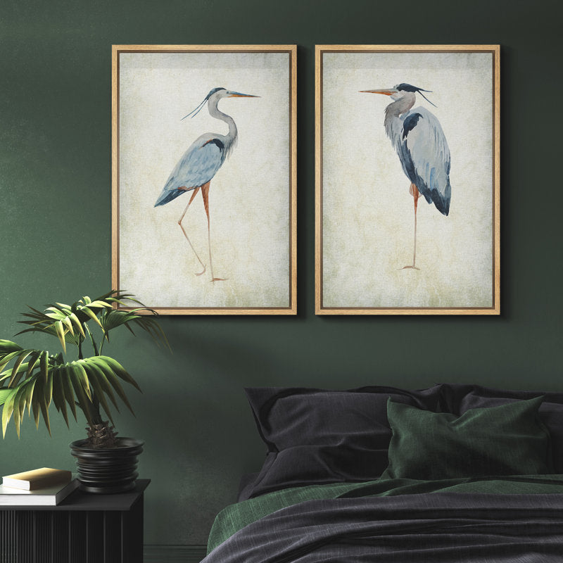 Elegant Blue Heron Bird Art Set for Coastal Beach Home Decor - Framed Wall Prints