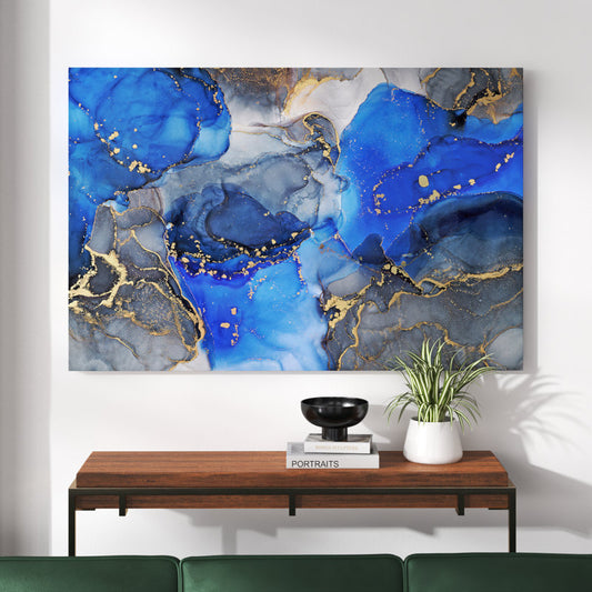 Luxury Blue and Black Abstract Fluid Art Canvas Painting for Modern Decor