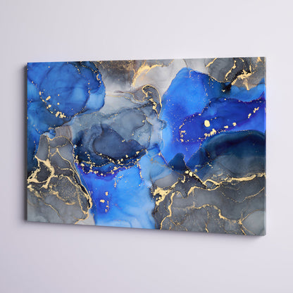 Luxury Blue and Black Abstract Fluid Art Canvas Painting for Modern Decor