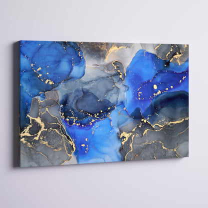 Luxury Blue and Black Abstract Fluid Art Canvas Painting for Modern Decor