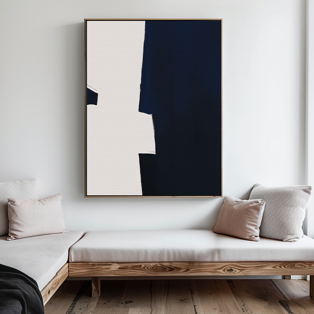 Navy Blue and White Abstract Oil Painting for Modern Home Decor