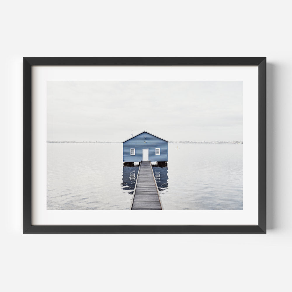 Tranquil Blue Boat House on Still Water - Serene Landscape Oil Painting