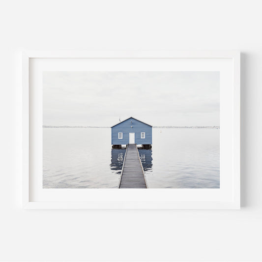 Tranquil Blue Boat House on Still Water - Serene Landscape Oil Painting