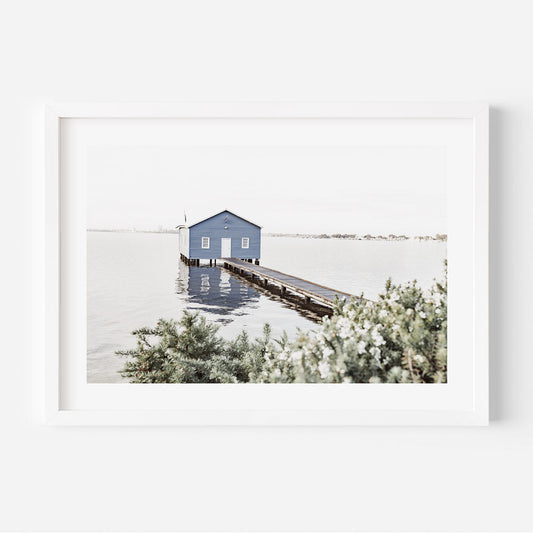 Tranquil Blue Boatshed by the Water - Serene Coastal Oil Painting Decor