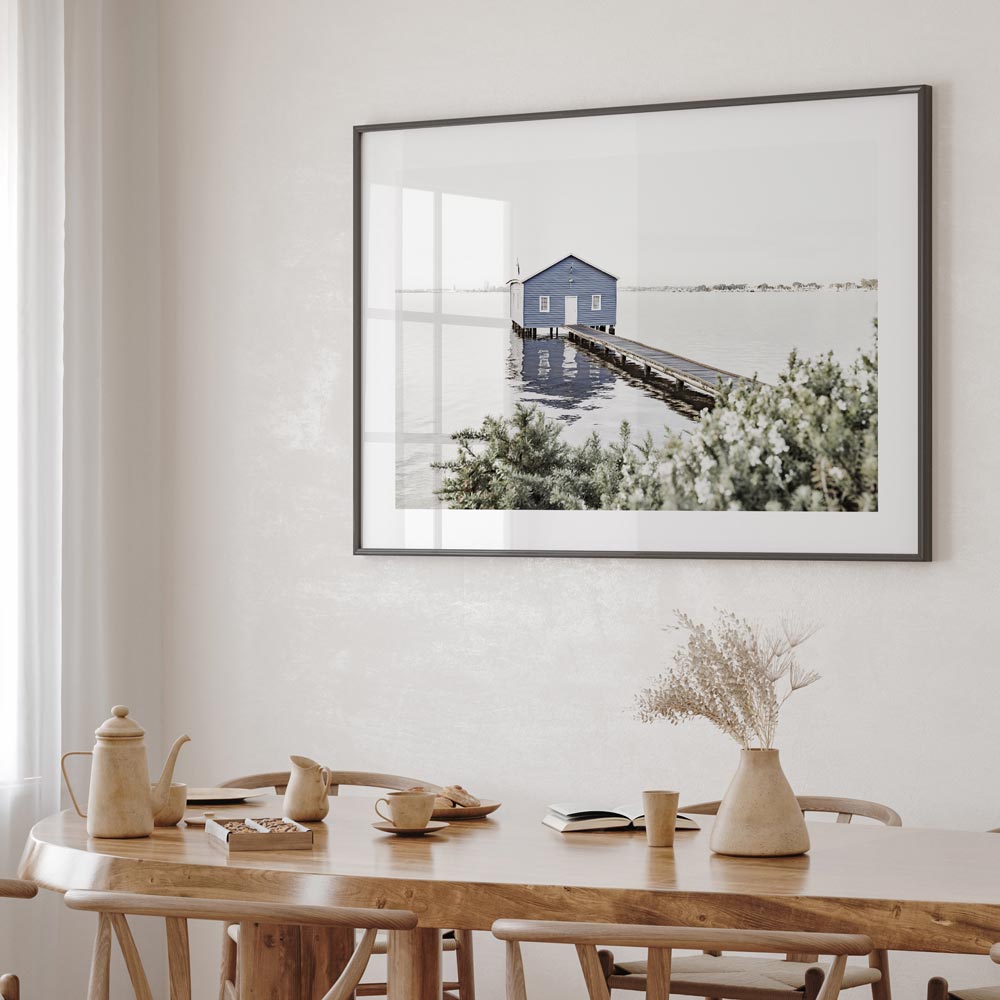 Tranquil Blue Boatshed by the Water - Serene Coastal Oil Painting Decor