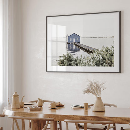 Tranquil Blue Boatshed by the Water - Serene Coastal Oil Painting Decor
