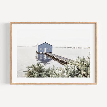 Tranquil Blue Boatshed by the Water - Serene Coastal Oil Painting Decor