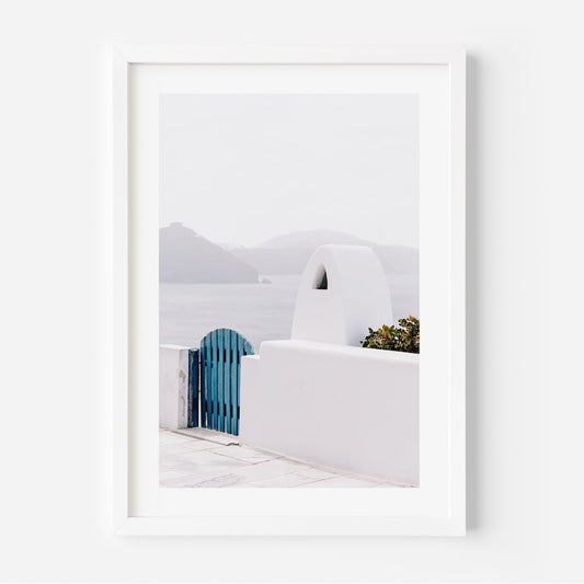 Serene Blue Gate Oil Painting – Tranquil Coastal Scene for Home Decor