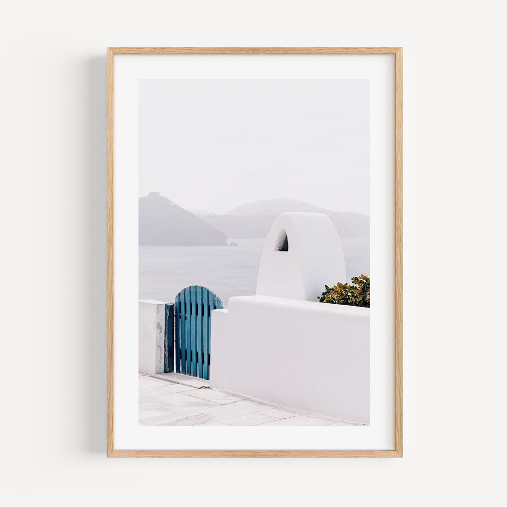 Serene Blue Gate Oil Painting – Tranquil Coastal Scene for Home Decor