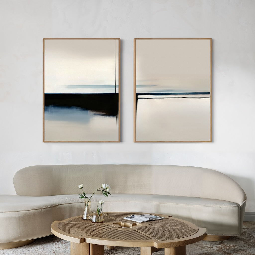 Serene Abstract Oil Painting Duo with Blurred Reflections for Modern Decor