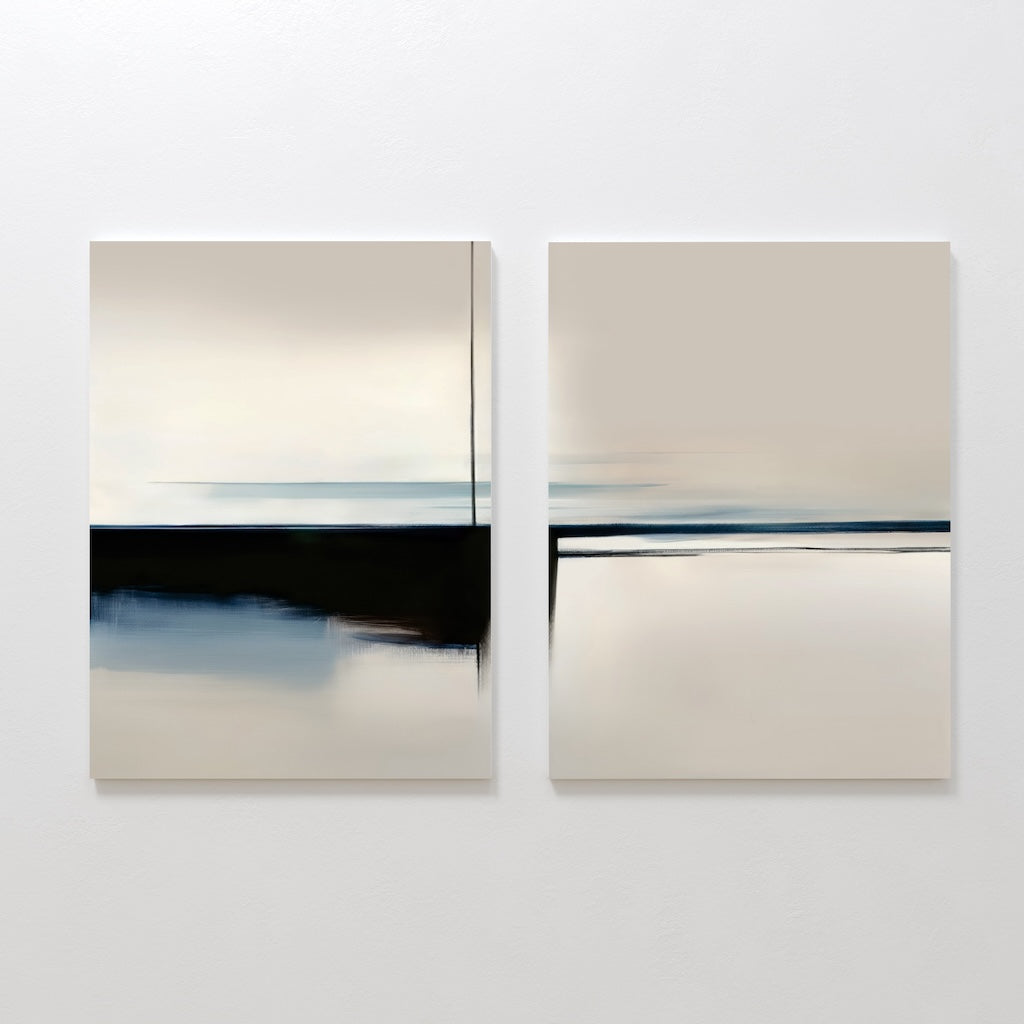 Serene Abstract Oil Painting Duo with Blurred Reflections for Modern Decor