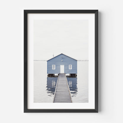 Serene Blue Boat House by the Water ‚Äì Tranquil Landscape Oil Painting for Home Decor