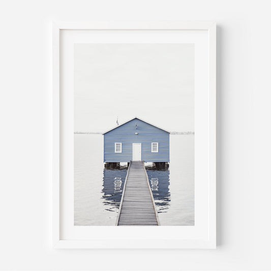 Serene Blue Boat House by the Water ‚Äì Tranquil Landscape Oil Painting for Home Decor