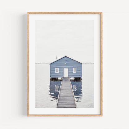 Serene Blue Boat House by the Water ‚Äì Tranquil Landscape Oil Painting for Home Decor