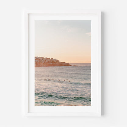Elegant Bondi Beach Sunset - Tranquil Ocean Waves and Surfers Oil Painting
