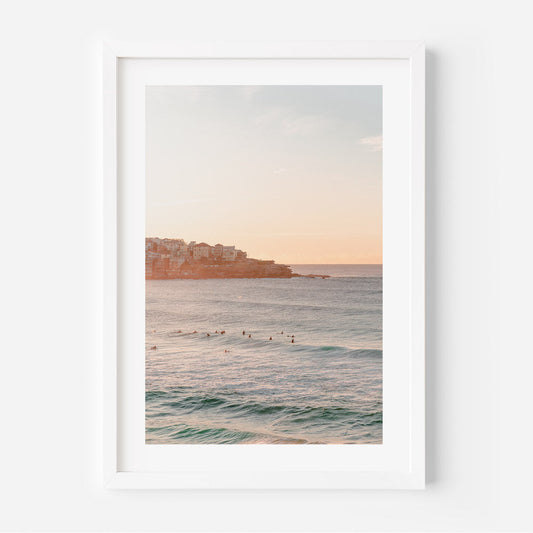 Elegant Bondi Beach Sunset - Tranquil Ocean Waves and Surfers Oil Painting