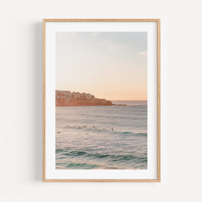 Elegant Bondi Beach Sunset - Tranquil Ocean Waves and Surfers Oil Painting