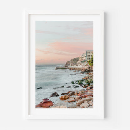 Serene Bondi Beach Seascape with Coastal Waves and Pink Sunset Sky Art
