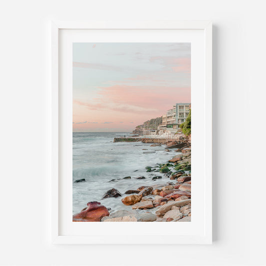 Serene Bondi Beach Seascape with Coastal Waves and Pink Sunset Sky Art