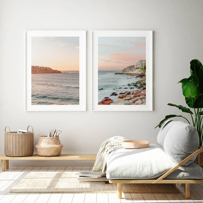 Serene Bondi Beach Seascape with Coastal Waves and Pink Sunset Sky Art