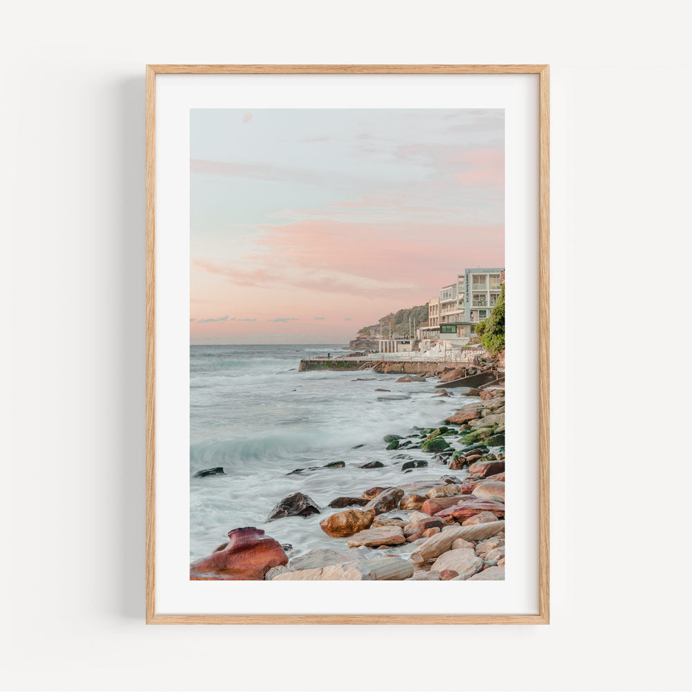 Serene Bondi Beach Seascape with Coastal Waves and Pink Sunset Sky Art