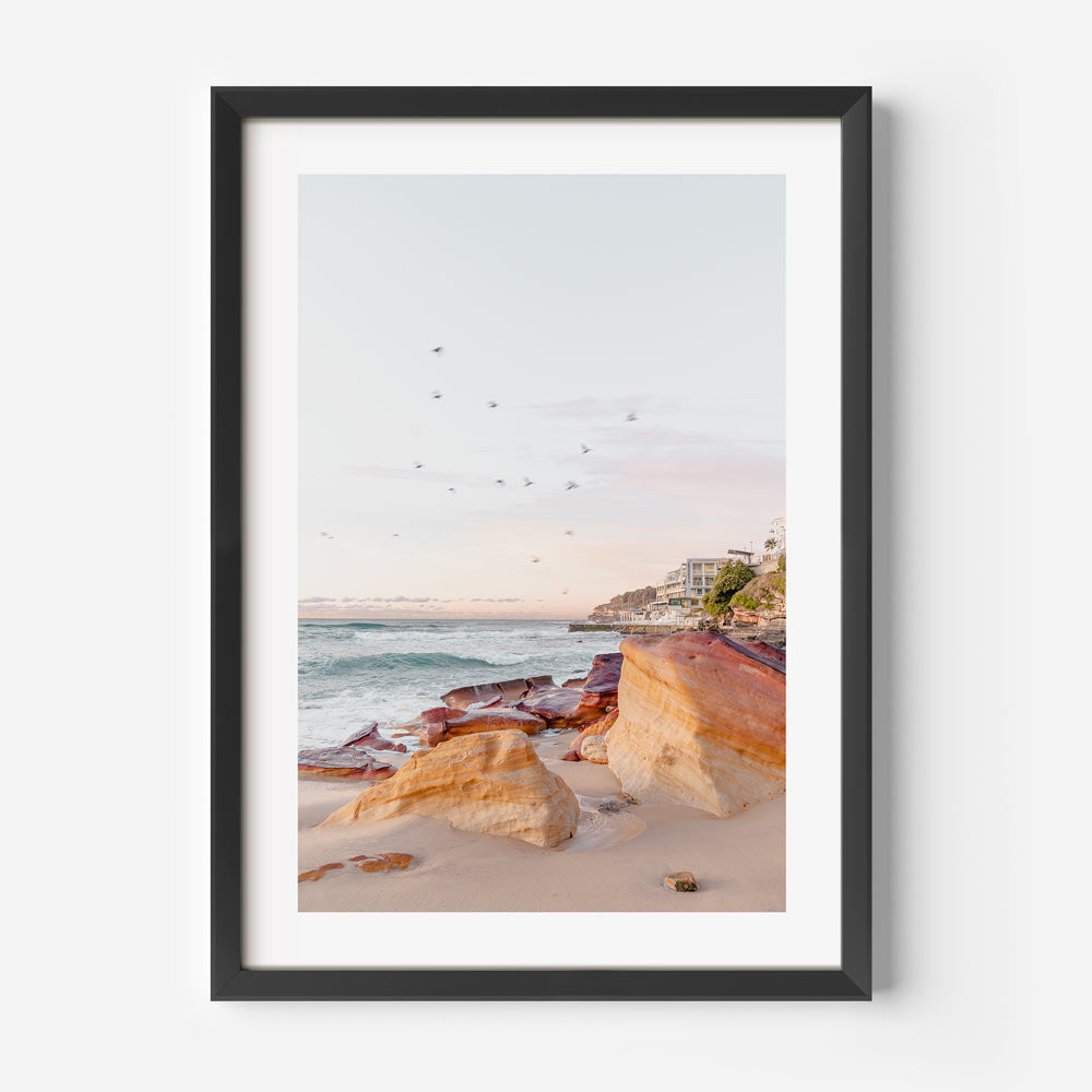 Vibrant Coastal Landscape at Bondi Beach with Majestic Rocks and Soothing Ocean Waves