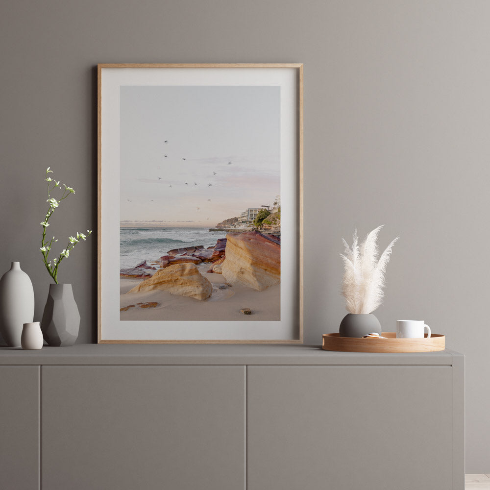 Vibrant Coastal Landscape at Bondi Beach with Majestic Rocks and Soothing Ocean Waves