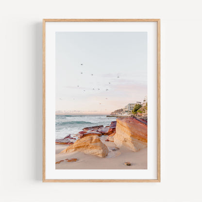 Vibrant Coastal Landscape at Bondi Beach with Majestic Rocks and Soothing Ocean Waves