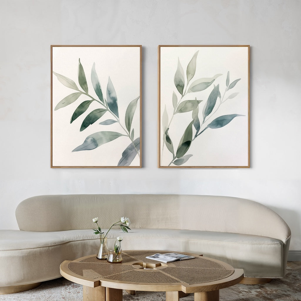 Serene Botanical Leaf Pair - Elegant Oil Paintings for Modern Home Decor