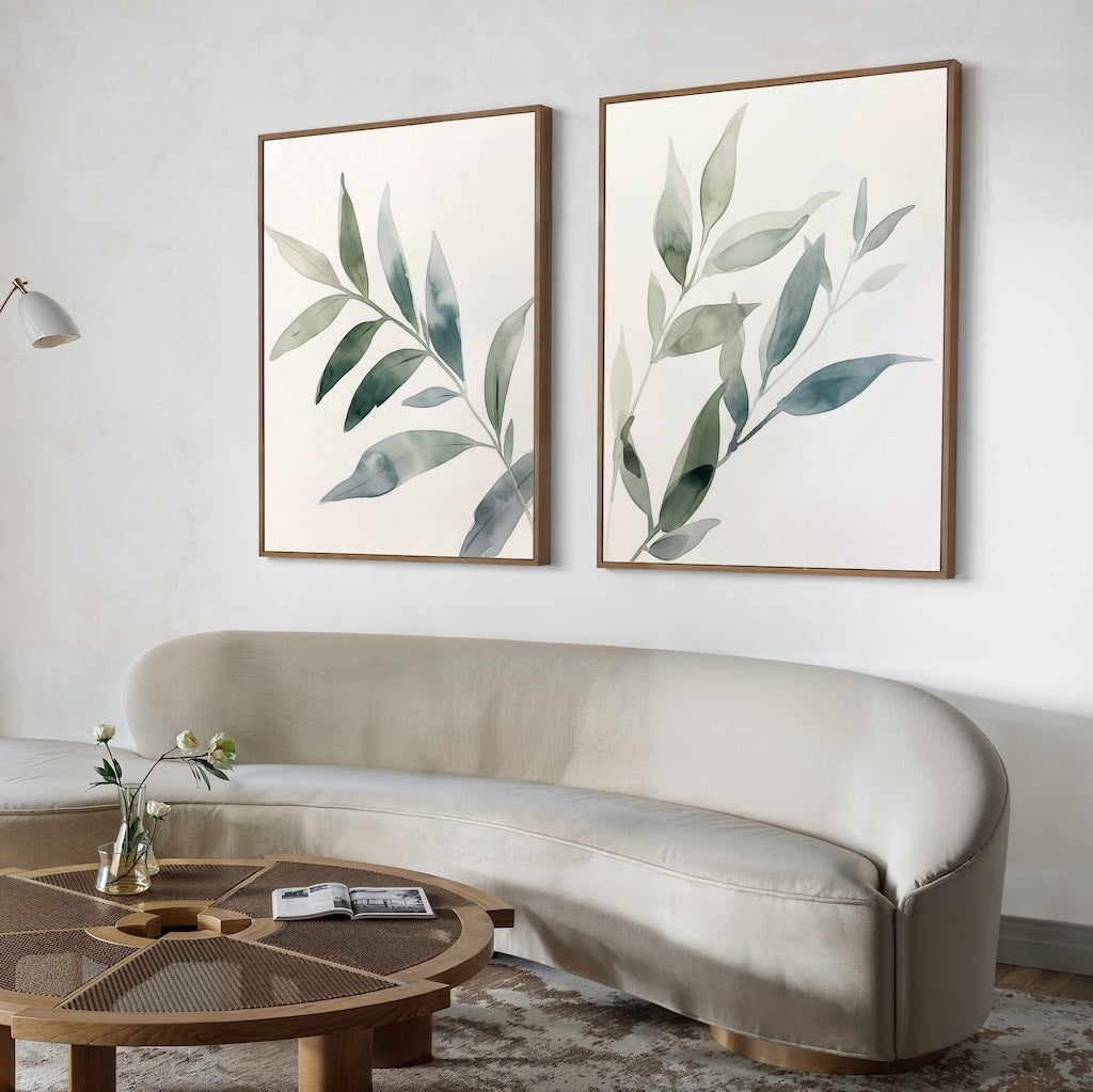 Serene Botanical Leaf Pair - Elegant Oil Paintings for Modern Home Decor