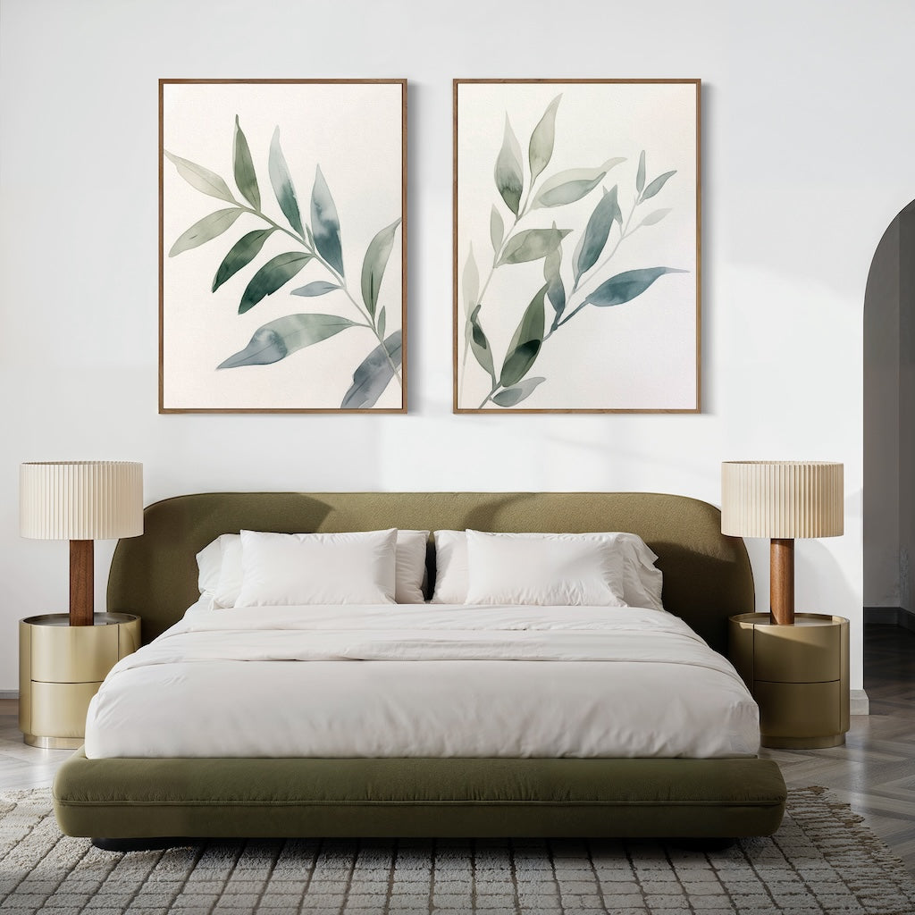 Serene Botanical Leaf Pair - Elegant Oil Paintings for Modern Home Decor