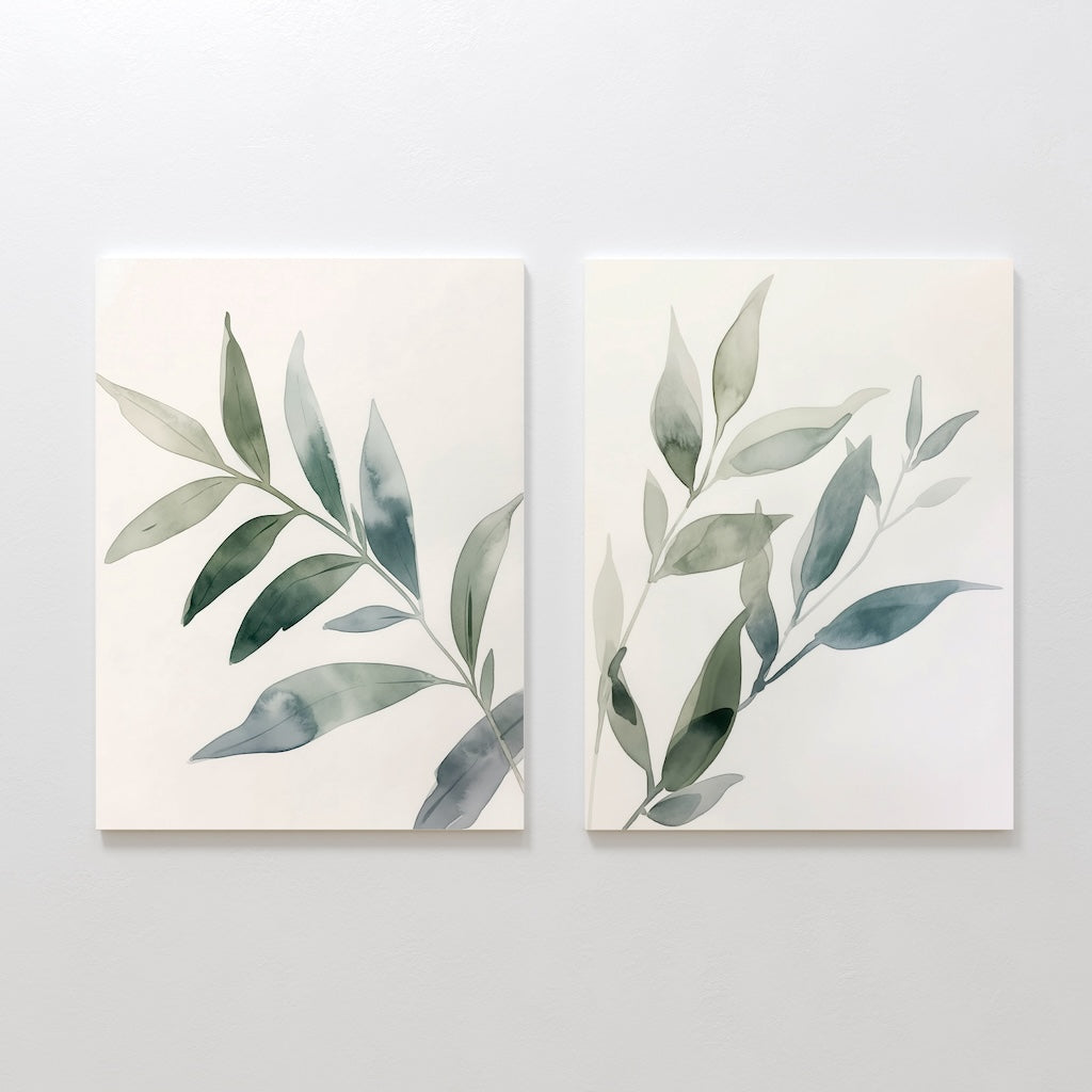 Serene Botanical Leaf Pair - Elegant Oil Paintings for Modern Home Decor