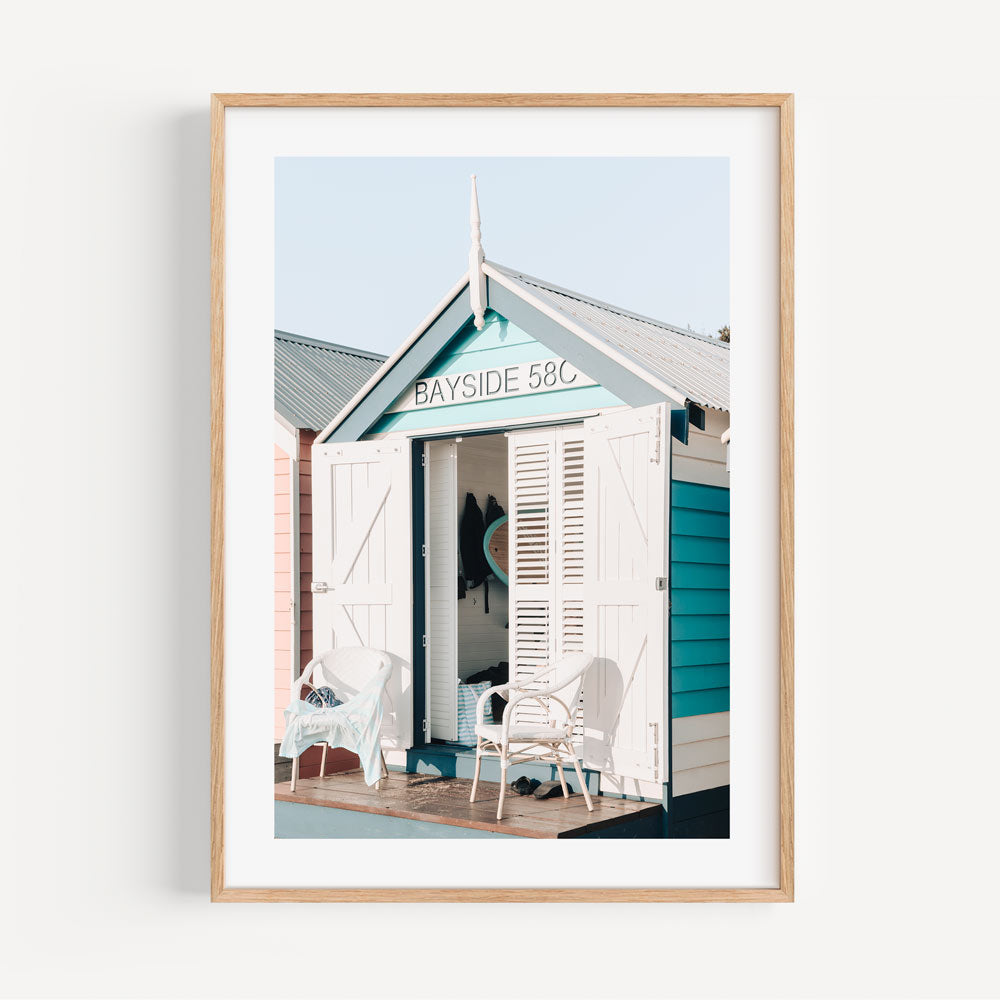 Charming Bayside Beach House Oil Painting with Tranquil Seaside Vibes