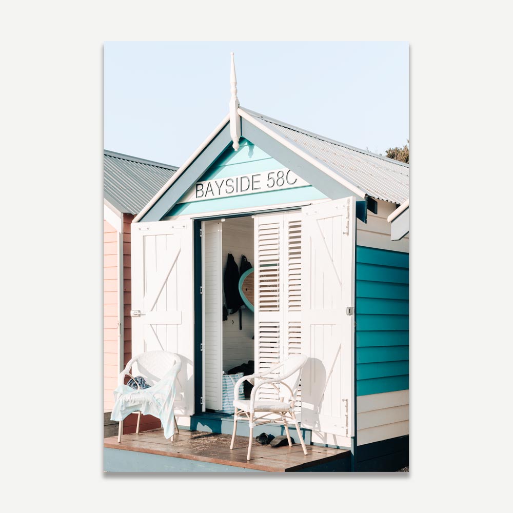 Charming Bayside Beach House Oil Painting with Tranquil Seaside Vibes