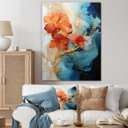 Vibrant Orange and Teal Abstract Floral Oil Painting for Modern Décor