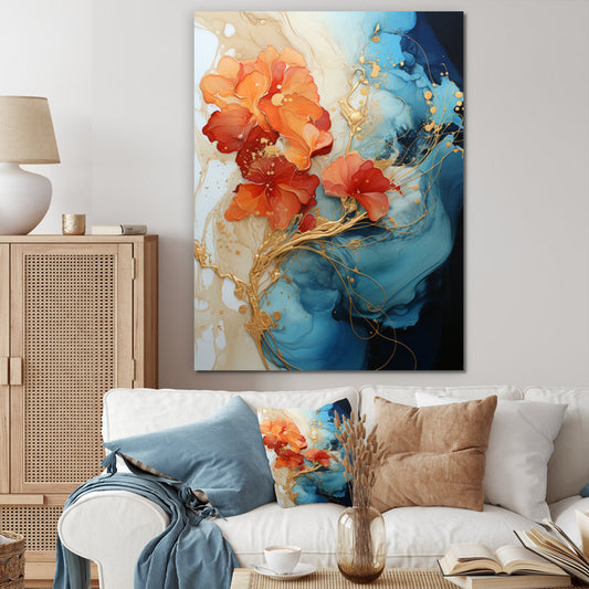 Vibrant Orange and Teal Abstract Floral Oil Painting for Modern Décor