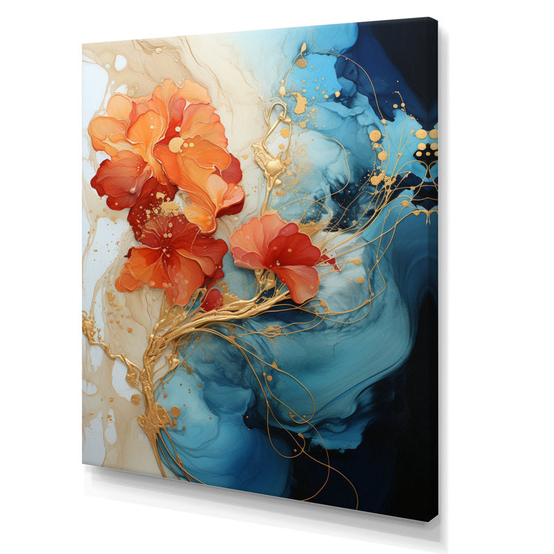 Vibrant Orange and Teal Abstract Floral Oil Painting for Modern Décor