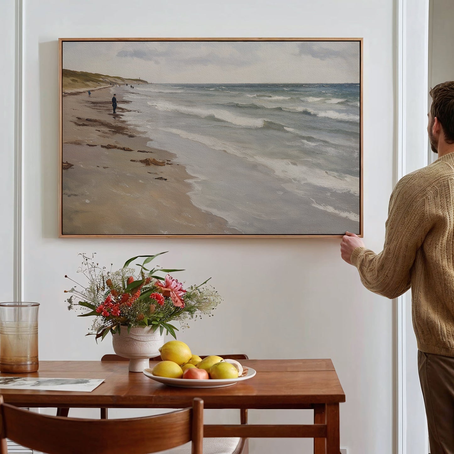 Serene Beach Walk Oil Painting - Tranquil Coastal Landscape Art for Home Decor