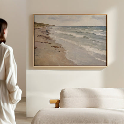 Serene Beach Walk Oil Painting - Tranquil Coastal Landscape Art for Home Decor