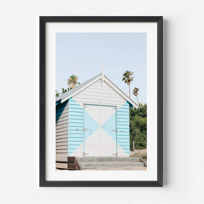 Charming Coastal Beach Hut Oil Painting with Bright Colors and Palm Trees