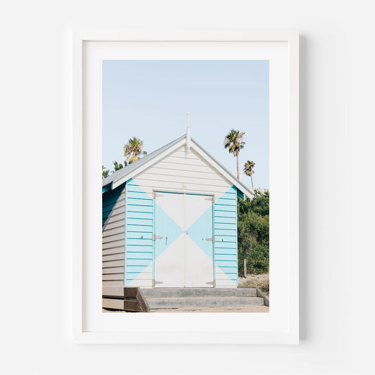 Charming Coastal Beach Hut Oil Painting with Bright Colors and Palm Trees